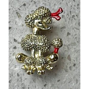 Gold-Tone Poodle Brooch Enamel Red Bow & Accents Textured Pin MCM Vintage
